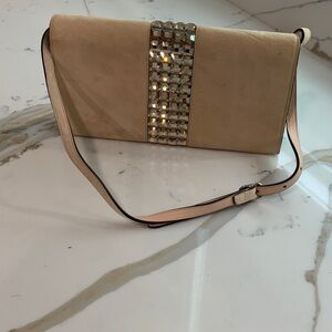 Beige Suede Crossbody Clutch with Crystal Accent